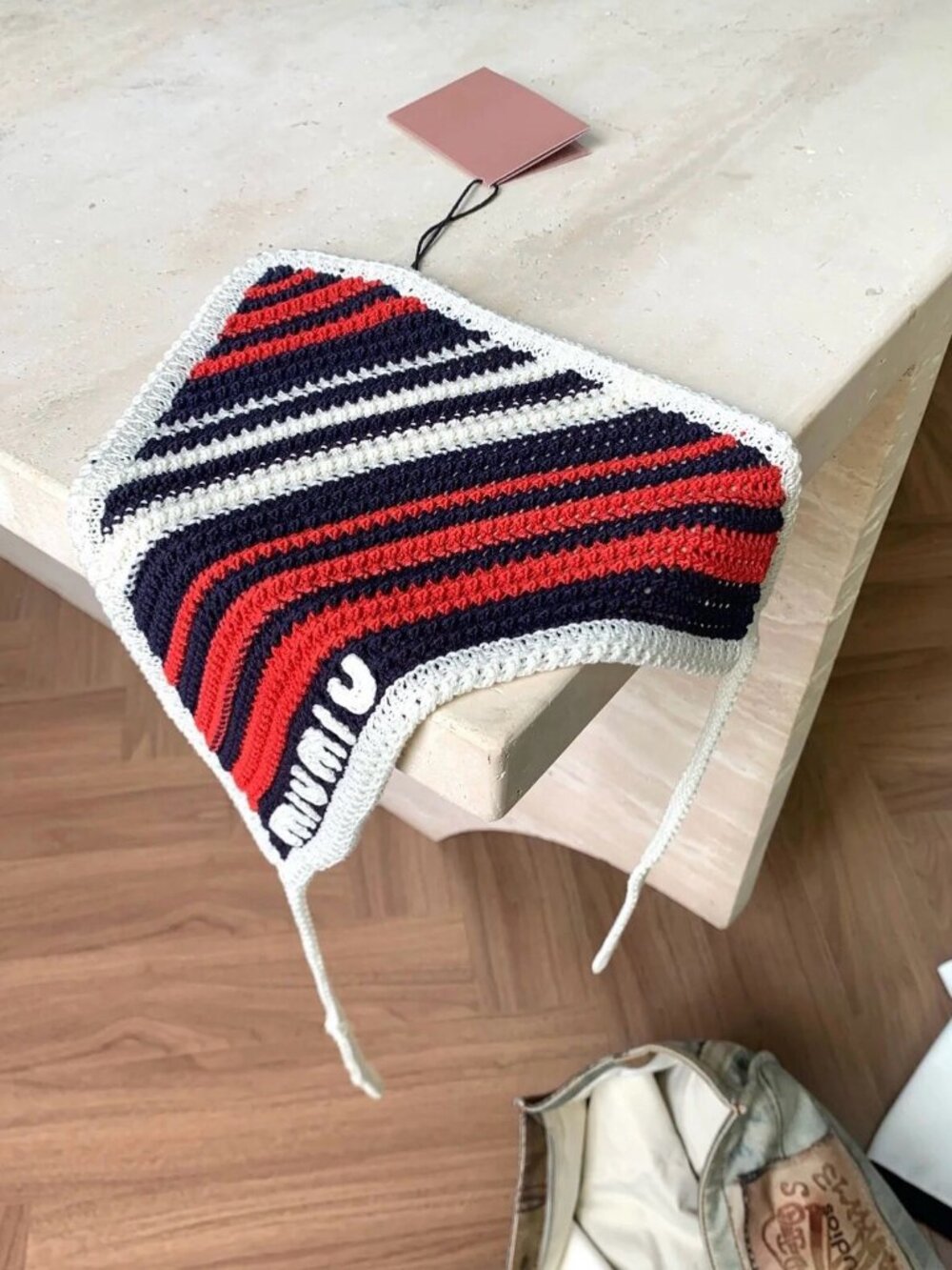 Miu Miu Striped Crochet Bandana Headscarf Red Navy White